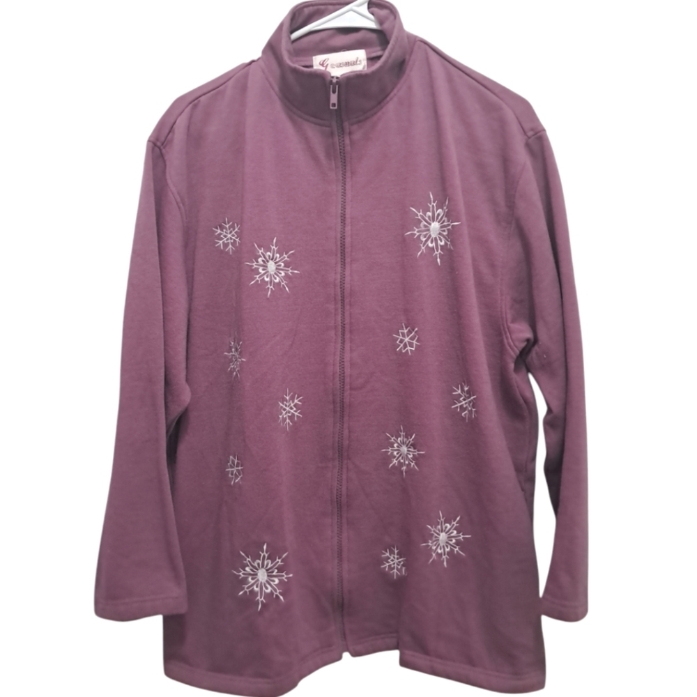 Vintage G Casuals Women’s Full Zip Jacket L Purple Snowflake Embroidered Winter